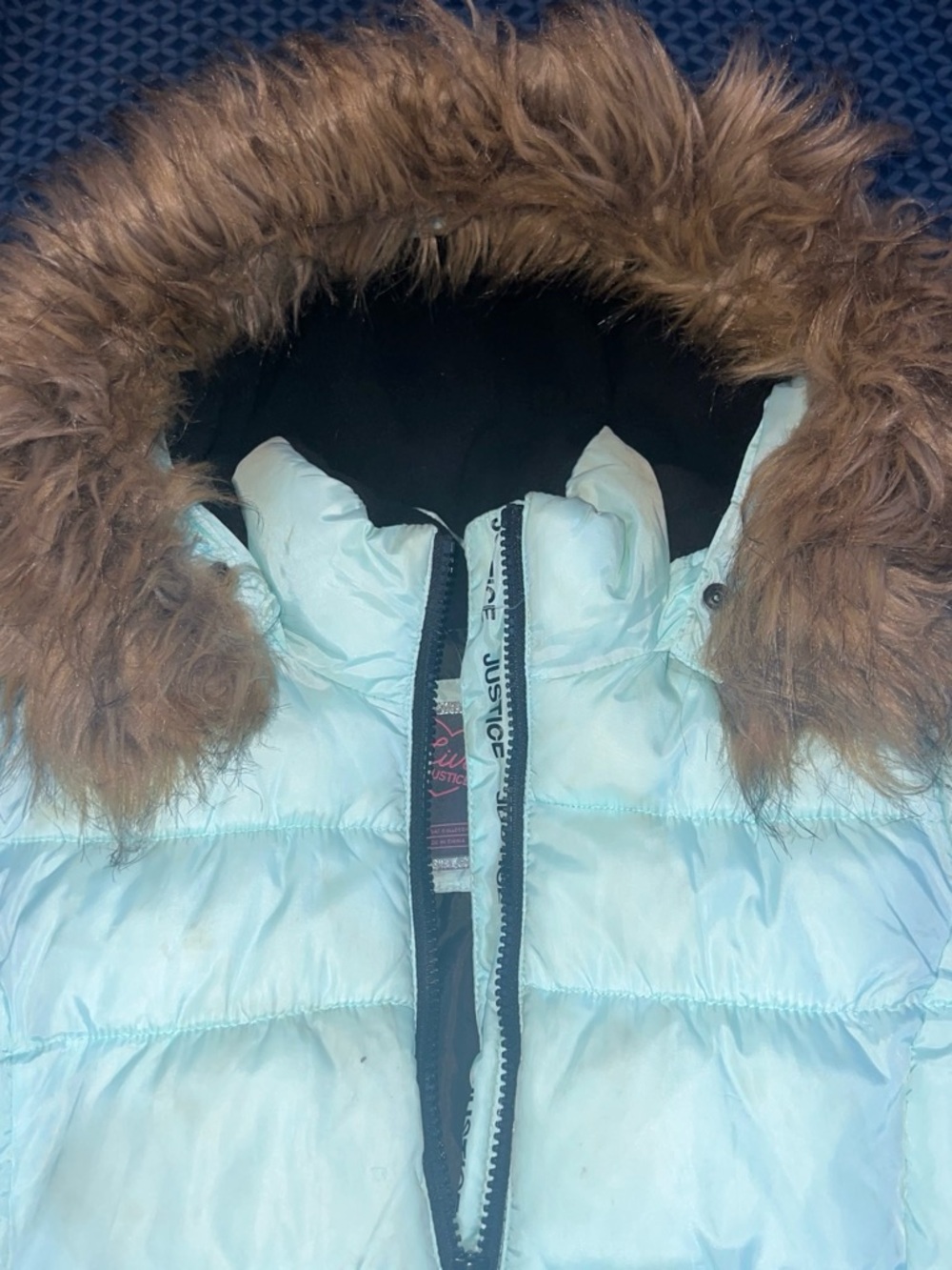 Justice Light Blue Puffer Jacket with Brown Faux Fur Trim Hood
